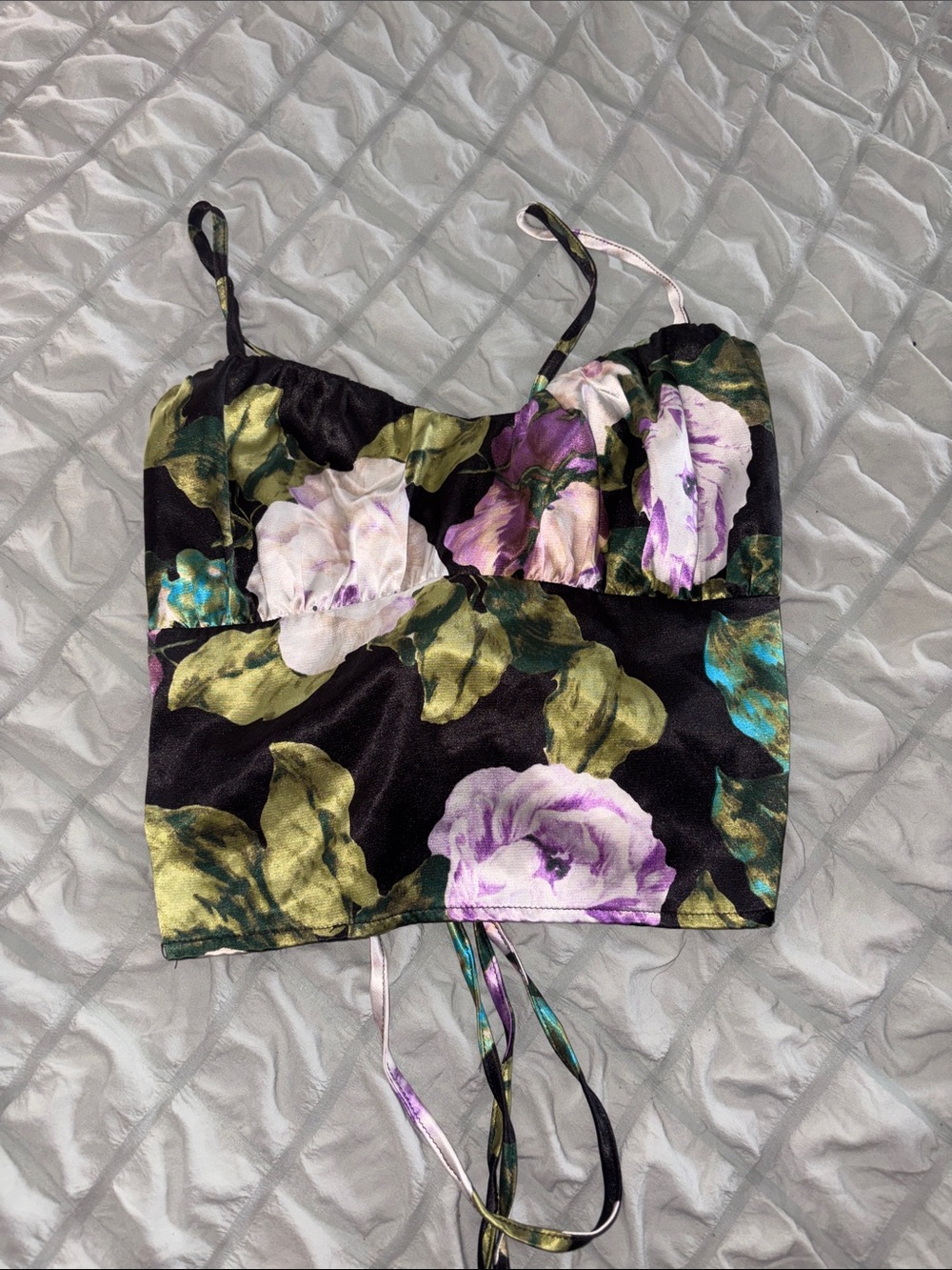 Floral Satin Crop Cami Top in Black with Purple Roses